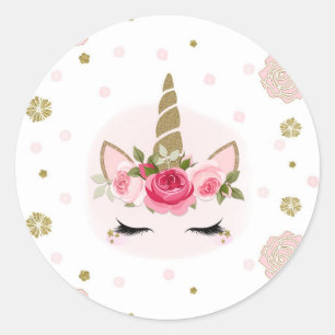 Gouden & Roze Eenhoorn Bloem Bloeit Trendy Feest Ronde Sticker