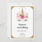 Gouden & Roze Eenhoorn Bloemen Rozen Verjaardagsfe Kaart (Voorkant)