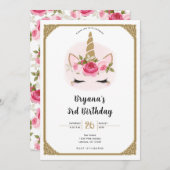 Gouden & Roze Eenhoorn Bloemen Rozen Verjaardagsfe Kaart (Voorkant / Achterkant)