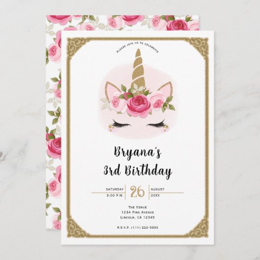 Gouden & Roze Eenhoorn Bloemen Rozen Verjaardagsfe Kaart (Voorkant / Achterkant)