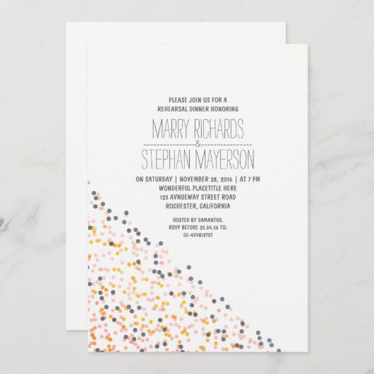 Gouden roze en marine confetti repetitie diner kaart (Voorkant / Achterkant)