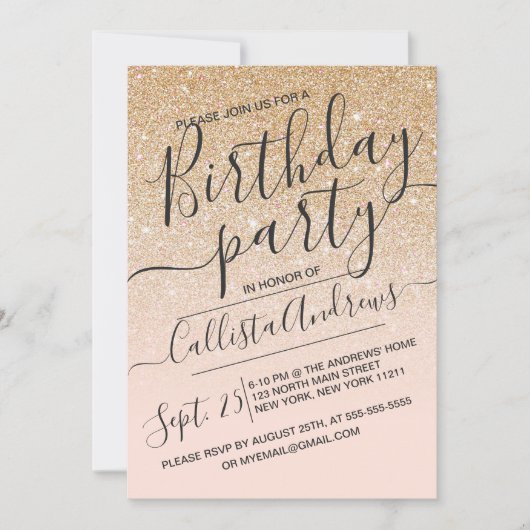 Gouden Roze Faux Sparkly Glitter Ombre Verjaardag Kaart (Voorkant)