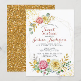 Gouden Roze Glitter Bloemen Sweet Sixteen Kaart