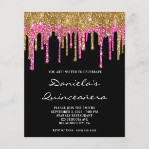 Gouden Roze Glitter Drip Quinceañera Uitnodiging