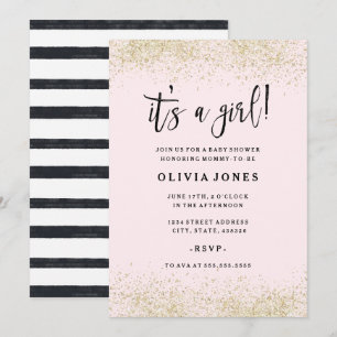 Gouden Roze Glitter Meisje Baby Shower Uitnodiging