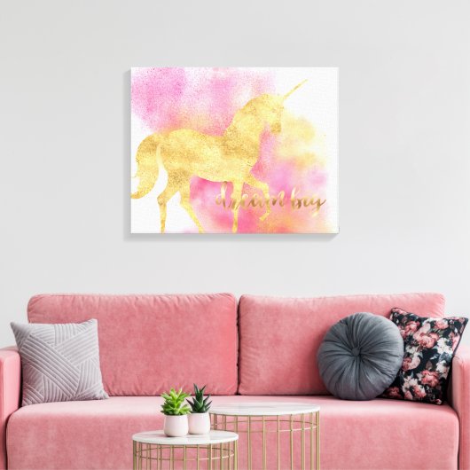 Gouden Roze Glitzy Dream Grote Eenhoorn Canvas Afdruk (Insitu (Woonkamer))