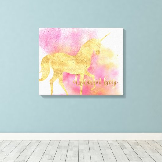 Gouden Roze Glitzy Dream Grote Eenhoorn Canvas Afdruk (Insitu (Houten vloer))