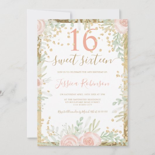 Gouden roze groene bloemen waterverf Sweet 16 foto Kaart (Voorkant)