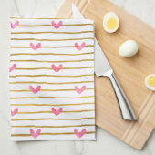 Gouden roze harten en strepen theedoek (Quarter Fold)