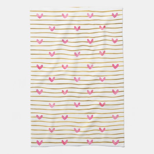 Gouden roze harten en strepen theedoek (Verticaal)