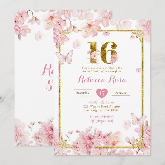 Gouden Roze Kersenbloesem Bloemmeisje Sweet 16 Kaart (Voorkant / Achterkant)