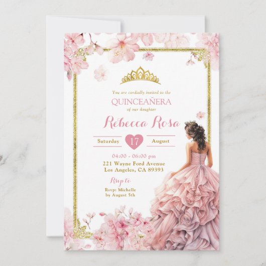 Gouden Roze Kersenbloesem Prinses Quinceañera Kaart (Voorkant)