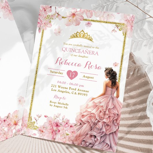 Gouden Roze Kersenbloesem Prinses Quinceañera Kaart