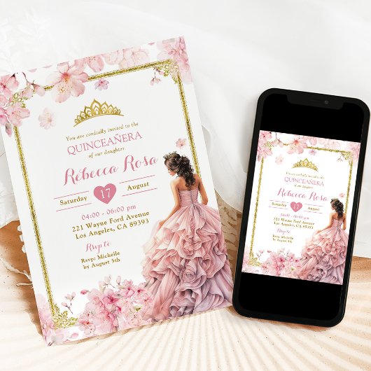 Gouden Roze Kersenbloesem Prinses Quinceañera Kaart