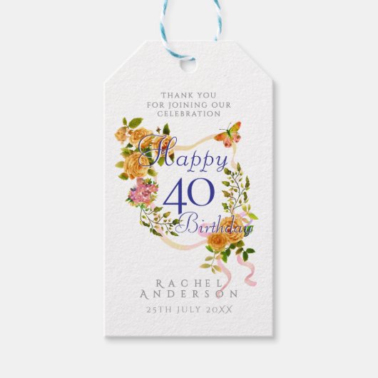 Gouden Roze Lint 40e Verjaardag Cadeaulabel (Voorkant)