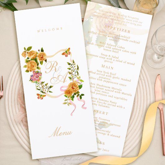 Gouden Roze Lint Monogram Trouwmenu Menu