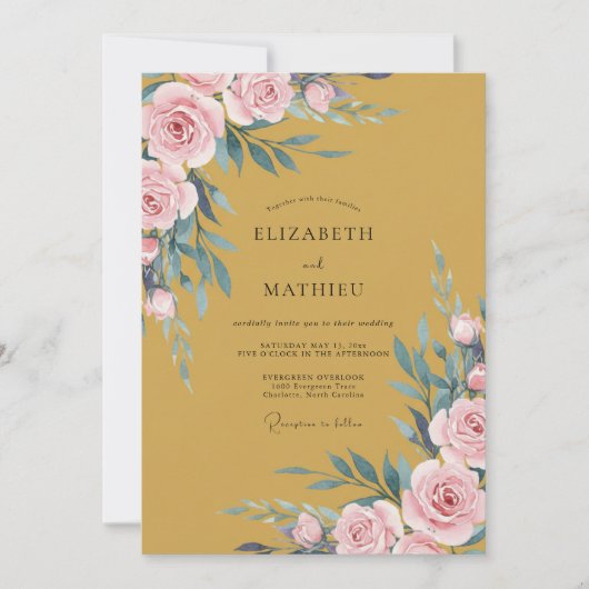 Gouden Roze Loof Eucalyptus Bruiloft Kaart (Voorkant)