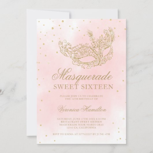 gouden roze maskerade masker Sweet 16 Kaart (Voorkant)