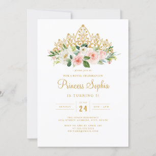Gouden Roze Meisjes Prinses Bloemen Kroon Verjaard Kaart