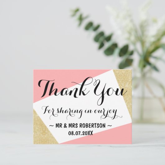 Gouden roze moderne kleur blok bruiloft dank u briefkaart (Staand voorkant)