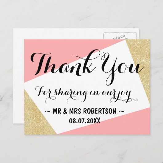 Gouden roze moderne kleur blok bruiloft dank u briefkaart (Voorkant / Achterkant)