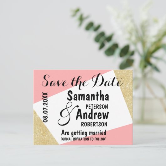 Gouden roze moderne kleur blok opslaan van de datu aankondigingskaart (Staand voorkant)