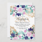 Gouden Roze Navy Floral Waterverf Afstuderen Kaart (Voorkant)