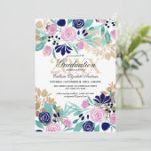 Gouden Roze Navy Floral Waterverf Afstuderen Kaart (Staand voorkant)