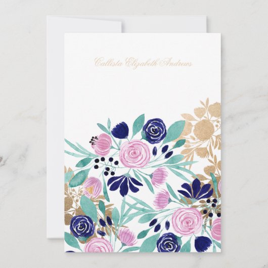 Gouden Roze Navy Floral Waterverf Afstuderen Kaart (Achterkant)