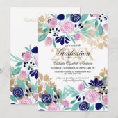 Gouden Roze Navy Floral Waterverf Afstuderen Kaart (Voorkant / Achterkant)