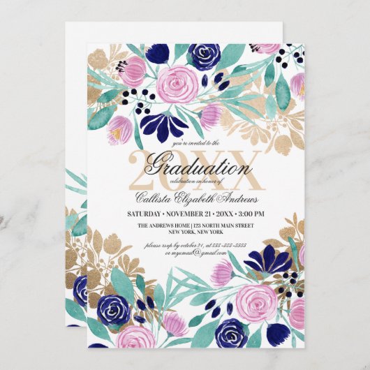 Gouden Roze Navy Floral Waterverf Afstuderen Kaart (Voorkant / Achterkant)