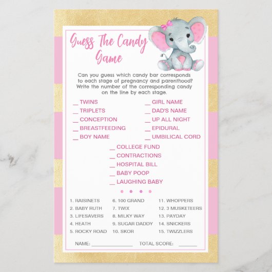 Gouden roze olifant raden het Snoep Baby ShowerGam Flyer (Voorkant)