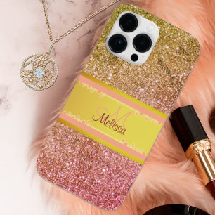 Gouden Roze Ombre Glitter Glam Naam Initiaal Meisj Case-Mate iPhone 14 Pro Max Hoesje