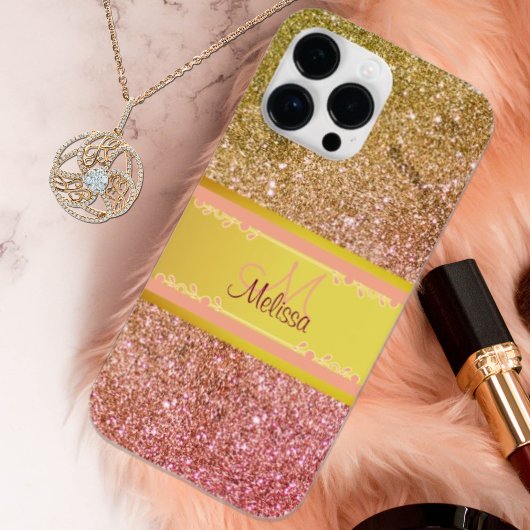 Gouden Roze Ombre Glitter Glam Naam Initiaal Meisj Case-Mate iPhone Case