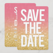 Gouden Roze Ombre Glitter Save the Date Typografie Kaart (Voorkant / Achterkant)