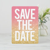 Gouden Roze Ombre Glitter Save the Date Typografie Kaart (Staand voorkant)