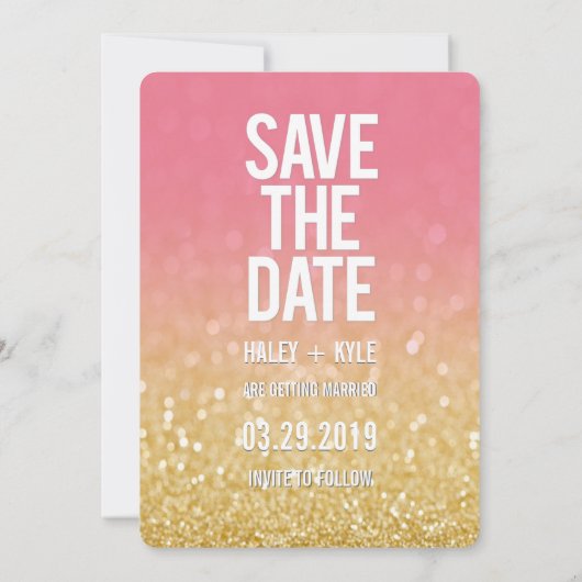 Gouden Roze Ombre Glitter Save the Date Typografie Kaart (Achterkant)
