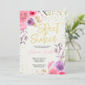 Gouden Roze Paarse Bloemen Sweet Sixteen Birthday Kaart (Staand voorkant)