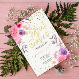 Gouden Roze Paarse Bloemen Sweet Sixteen Birthday Kaart
