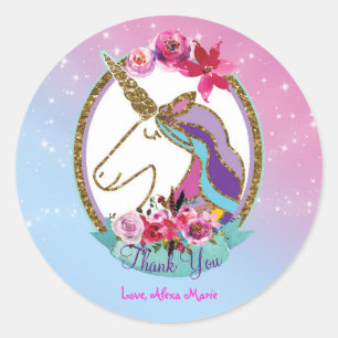 Gouden Roze Paarse Magische Eenhoorn Verjaardagsfe Ronde Sticker