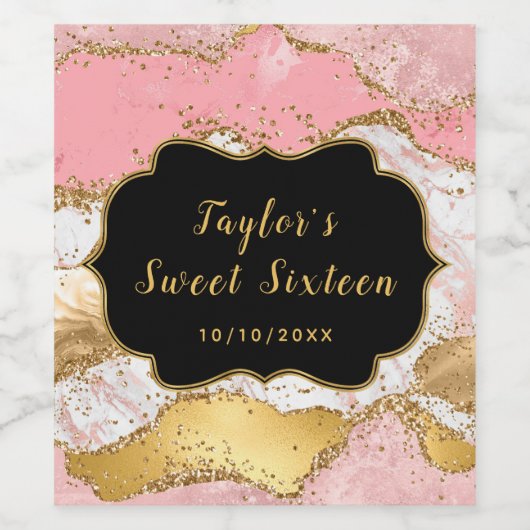 Gouden roze pailletten agaat zoet zestien dank u wijn etiket (Enkel label)