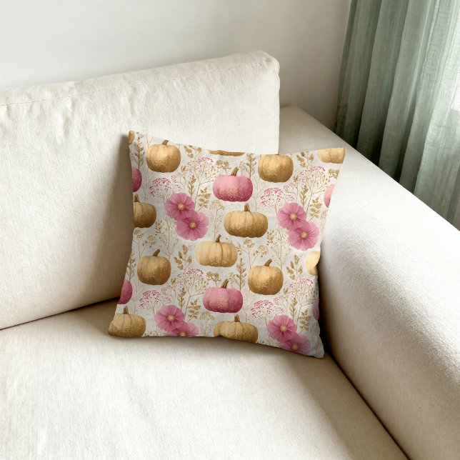 Gouden & Roze Pompoenen Herfst Ontwerp Kussen (Creator heeft geüpload)