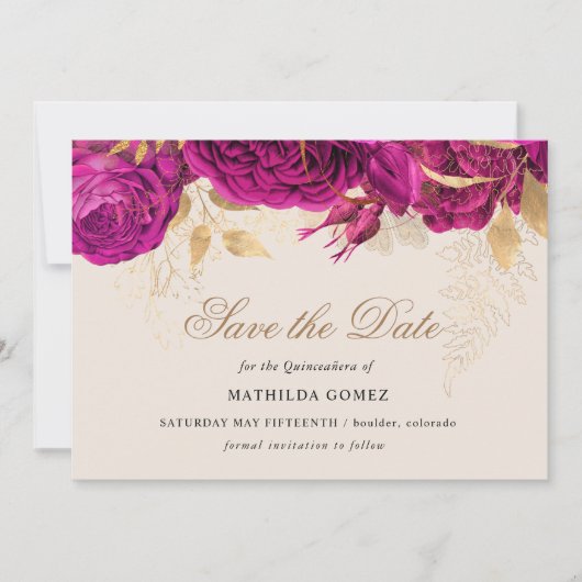 Gouden Roze Rozen Quinceanera Save The Date Kaart (Voorkant)