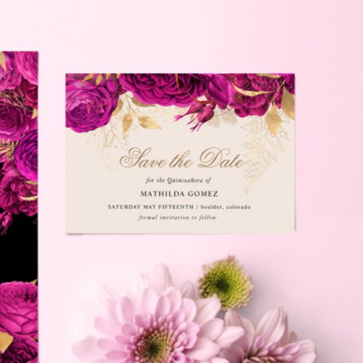 Gouden Roze Rozen Quinceanera Save The Date Kaart