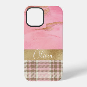 Gouden Roze Ruit Abstract Waterverf Naam iPhone 12 Pro Hoesje