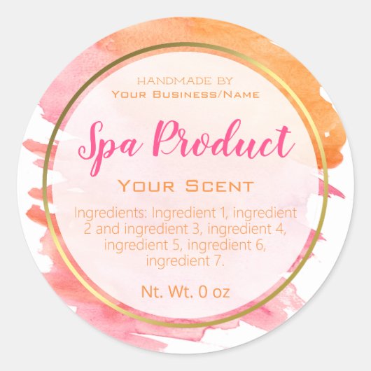 Gouden Roze Sinaasappel Waterverf Bath Spa en scru Ronde Sticker (Voorkant)