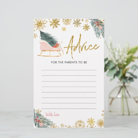 Gouden Roze Sleigh Winter Baby shower Advies Kaart (Staand voorkant)