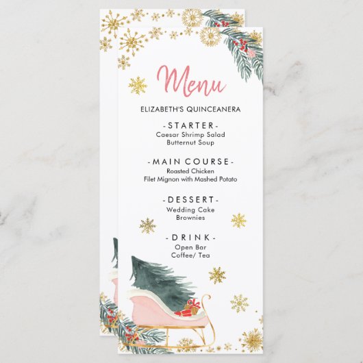 Gouden Roze Sleigh Winter Sneeuwvlok Baby shower M Menu (Voorkant / Achterkant)