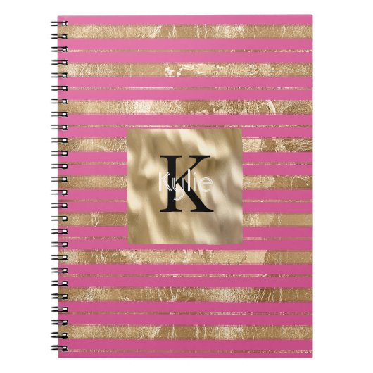 Gouden Roze Strepen Monogram Naam Notitieboek (Voorkant)