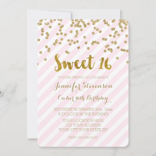 Gouden Roze Sweet 16 Verjaardagsfeest Uitnodiginge Kaart (Achterkant)